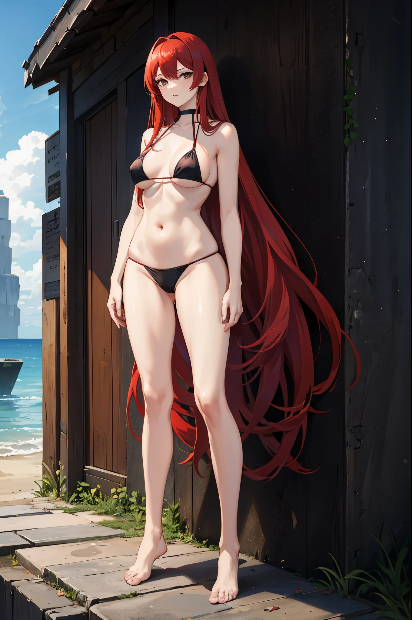 1woman, tall, long red hair, black eyes, bikini, standing on ground, high res, ultra sharp, 8K, masterpiece