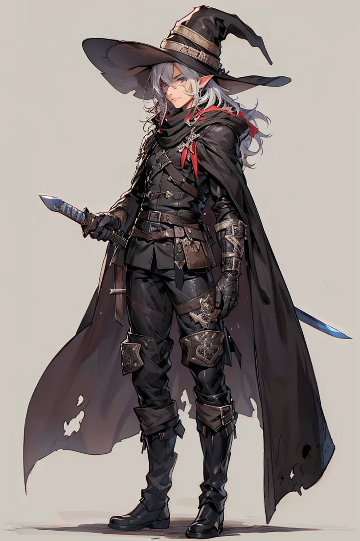 (male character), (extra long, flowing, with hair), (heterochromia), (left eye: blue), (right eye: brown), (black leather coat), (black shirt), (archery gloves), (black trousers), (black scarf), (illustration), (ultra-detailed), (realistic), (highres), (portrait), (mysterious lighting), (vivid colors) (mage) (fighter) (30 years old) (mature male) (cold light),(elf),(elfo),(1boy),(espada),(sword),