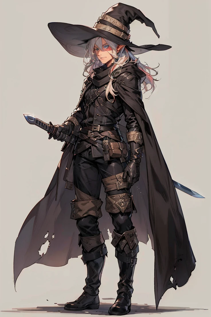 (male character), (extra long, flowing, with hair), (heterochromia), (left eye: blue), (right eye: brown), (black leather coat), (black shirt), (archery gloves), (black trousers), (black scarf), (illustration), (ultra-detailed), (realistic), (highres), (portrait), (mysterious lighting), (vivid colors) (mage) (fighter) (30 years old) (mature male) (cold light),(elf),(elfo),(1boy),(espada),(sword),