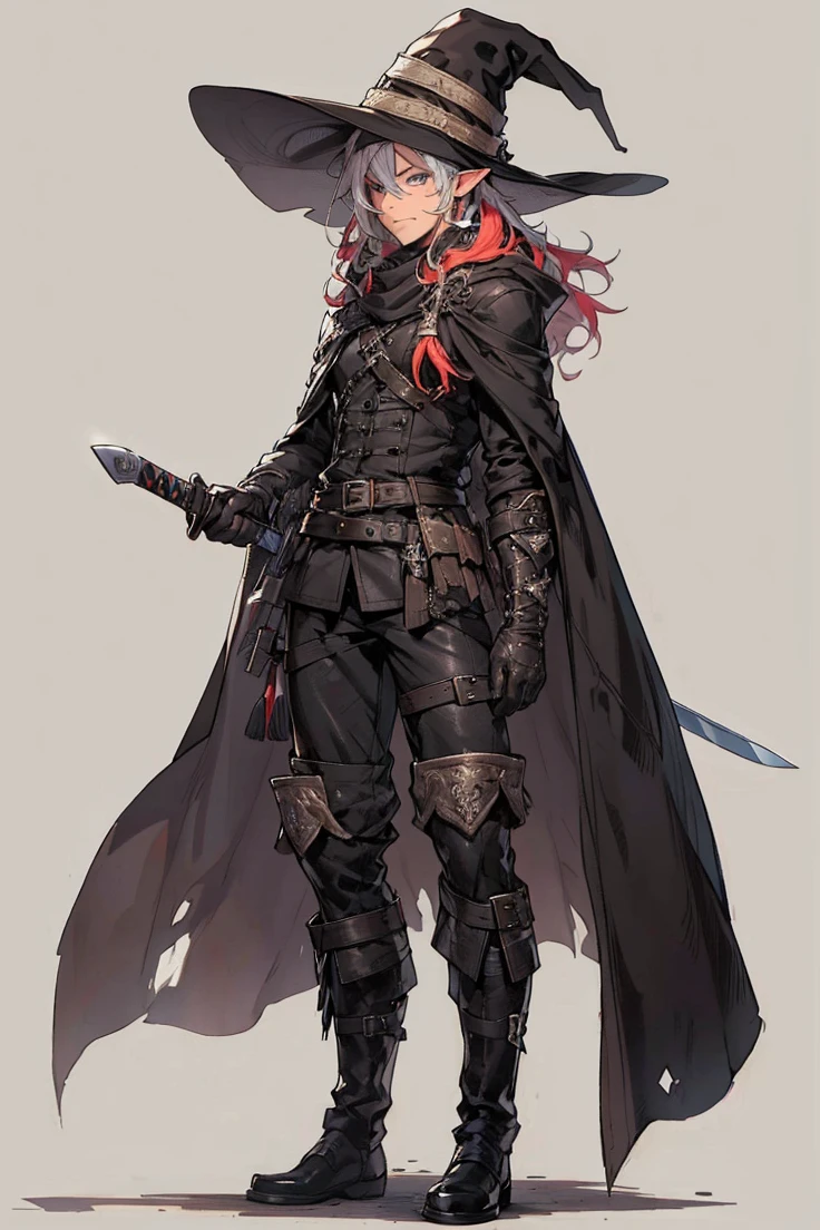 (male character), (extra long, flowing, with hair), (heterochromia), (left eye: blue), (right eye: brown), (black leather coat), (black shirt), (archery gloves), (black trousers), (black scarf), (illustration), (ultra-detailed), (realistic), (highres), (portrait), (mysterious lighting), (vivid colors) (mage) (fighter) (30 years old) (mature male) (cold light),(elf),(elfo),(1boy),(espada),(sword),