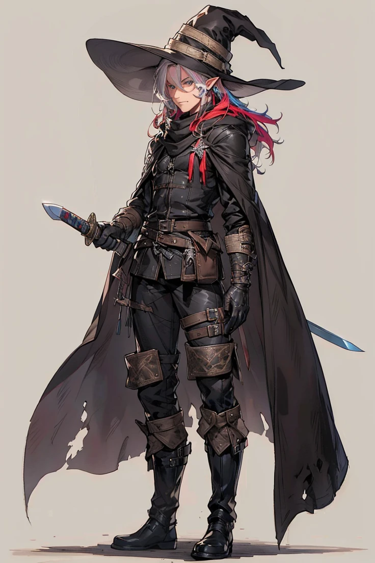 (male character), (extra long, flowing, with hair), (heterochromia), (left eye: blue), (right eye: brown), (black leather coat), (black shirt), (archery gloves), (black trousers), (black scarf), (illustration), (ultra-detailed), (realistic), (highres), (portrait), (mysterious lighting), (vivid colors) (mage) (fighter) (30 years old) (mature male) (cold light),(elf),(elfo),(1boy),(espada),(sword),