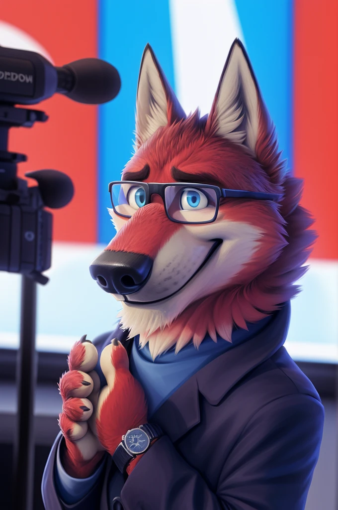 Ivan Fedorovich Wolfbach (Novosibirsk) ,tall handsome, wolf,young, 24 years, brown fur,Kind,(red body:1.3),beautiful blue eyes,Novosibirsk,dressed, Blue jacket, black glasses, shirt, Yellow tie, blue pants, wolf, detailed fur, male,paw pads, finger claws,At the viewer, 5 fingers, paws, 5 fingers, smile, wrist watch, т nextel,by xenoforge, (difficult, high detail, digital photography, soft focus, RAW variety близко к камере, variety,Novosibirsk, smile, good mood, positive, Very close to the camera,presenter Moscow, TV channel Russia 1,lead photorealism, realistic, digital style, Subsurface scattering,looks at the squares, News studio, a good mood, funny,
masterpiece, Best quality, ultra realistic, 8 thousand.)