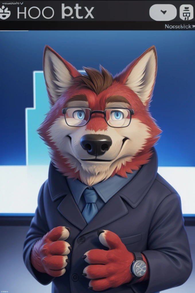 Ivan Fedorovich Wolfbach (Novosibirsk) ,tall handsome, wolf,young, 24 years, brown fur,Kind,(red body:1.3),beautiful blue eyes,Novosibirsk,dressed, Blue jacket, black glasses, shirt, Yellow tie, blue pants, wolf, detailed fur, male,paw pads, finger claws,At the viewer, 5 fingers, paws, 5 fingers, smile, wrist watch, т nextel,by xenoforge, (difficult, high detail, digital photography, soft focus, RAW variety близко к камере, variety,Novosibirsk, smile, good mood, positive, Very close to the camera,presenter Moscow, TV channel Russia 1,lead photorealism, realistic, digital style, Subsurface scattering,looks at the squares, News studio, a good mood, funny,
masterpiece, Best quality, ultra realistic, 8 thousand.)