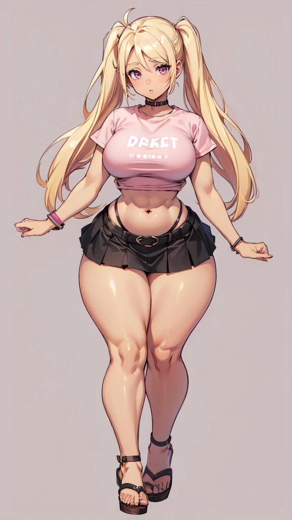 blank background, (((full body))), (masterpiece), ((best quality)), flat chest, short twintail, (wide hips:1.6), (thick thighs:1.4), (very short skirt), sandals, belt below navel, blonde, (pink tshirt), (dark skin)