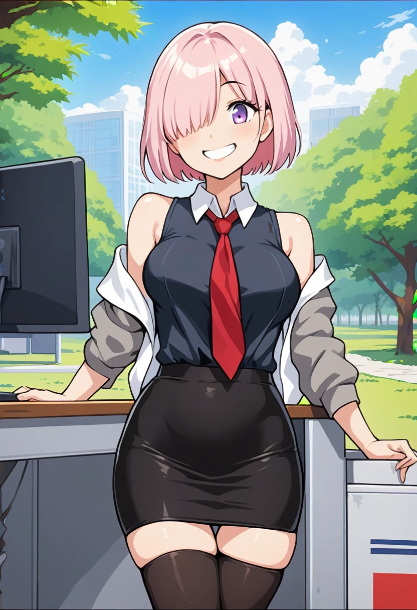 1 woman, Short hair, pink hair, purple eyes, hair above one eye, black shirt, white collar, red tie, Two-tone jacket, white jacket, gray sleeves, long sleeves, skirt, pantyhose, outdoors, seat, park, off shoulder, bare shoulders, popsicle score_9, score_8_consolation, score_7_consolation, score_6_consolation, score_5_consolation, score_4_consolation, BREAK Source_japanese cartoon movies, ((masterpiece,꽉끼는 skirt)), A beautiful smile, office job,((tight skirt)),