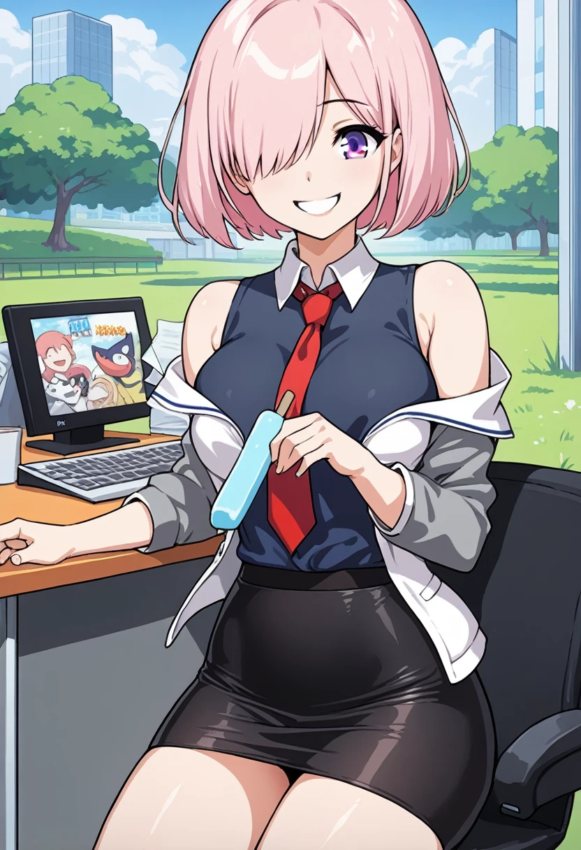 1 woman, Short hair, pink hair, purple eyes, hair above one eye, black shirt, white collar, red tie, Two-tone jacket, white jacket, gray sleeves, long sleeves, skirt, pantyhose, outdoors, seat, park, off shoulder, bare shoulders, popsicle score_9, score_8_consolation, score_7_consolation, score_6_consolation, score_5_consolation, score_4_consolation, BREAK Source_japanese cartoon movies, ((masterpiece,꽉끼는 skirt)), A beautiful smile, office job,((tight skirt)),