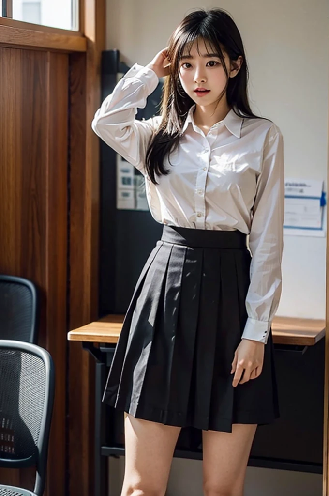 Lift up your skirt、Showing panties、、Black Hair、Showing panties、Lift up your skirt、Pull up your skirt、Condescending expression、School classroom