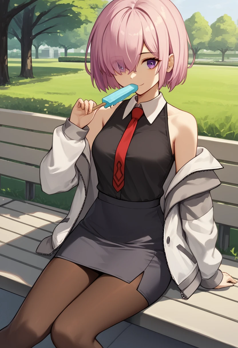 1 woman, Short hair, pink hair, purple eyes, hair above one eye, black shirt, white collar, red tie, Two-tone jacket, white jacket, gray sleeves, long sleeves, skirt, pantyhose, outdoors, seat, park, off shoulder, bare shoulders, popsicle score_9, score_8_consolation, score_7_consolation, score_6_consolation, score_5_consolation, score_4_consolation, BREAK Source_japanese cartoon movies, ((masterpiece,꽉끼는 skirt)), A beautiful smile, office job,((tight skirt)),