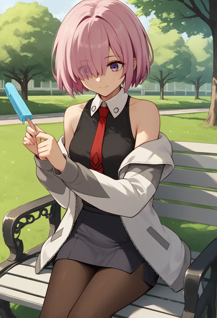 1 woman, Short hair, pink hair, purple eyes, hair above one eye, black shirt, white collar, red tie, Two-tone jacket, white jacket, gray sleeves, long sleeves, skirt, pantyhose, outdoors, seat, park, off shoulder, bare shoulders, popsicle score_9, score_8_consolation, score_7_consolation, score_6_consolation, score_5_consolation, score_4_consolation, BREAK Source_japanese cartoon movies, ((masterpiece,꽉끼는 skirt)), A beautiful smile, office job,((tight skirt)),