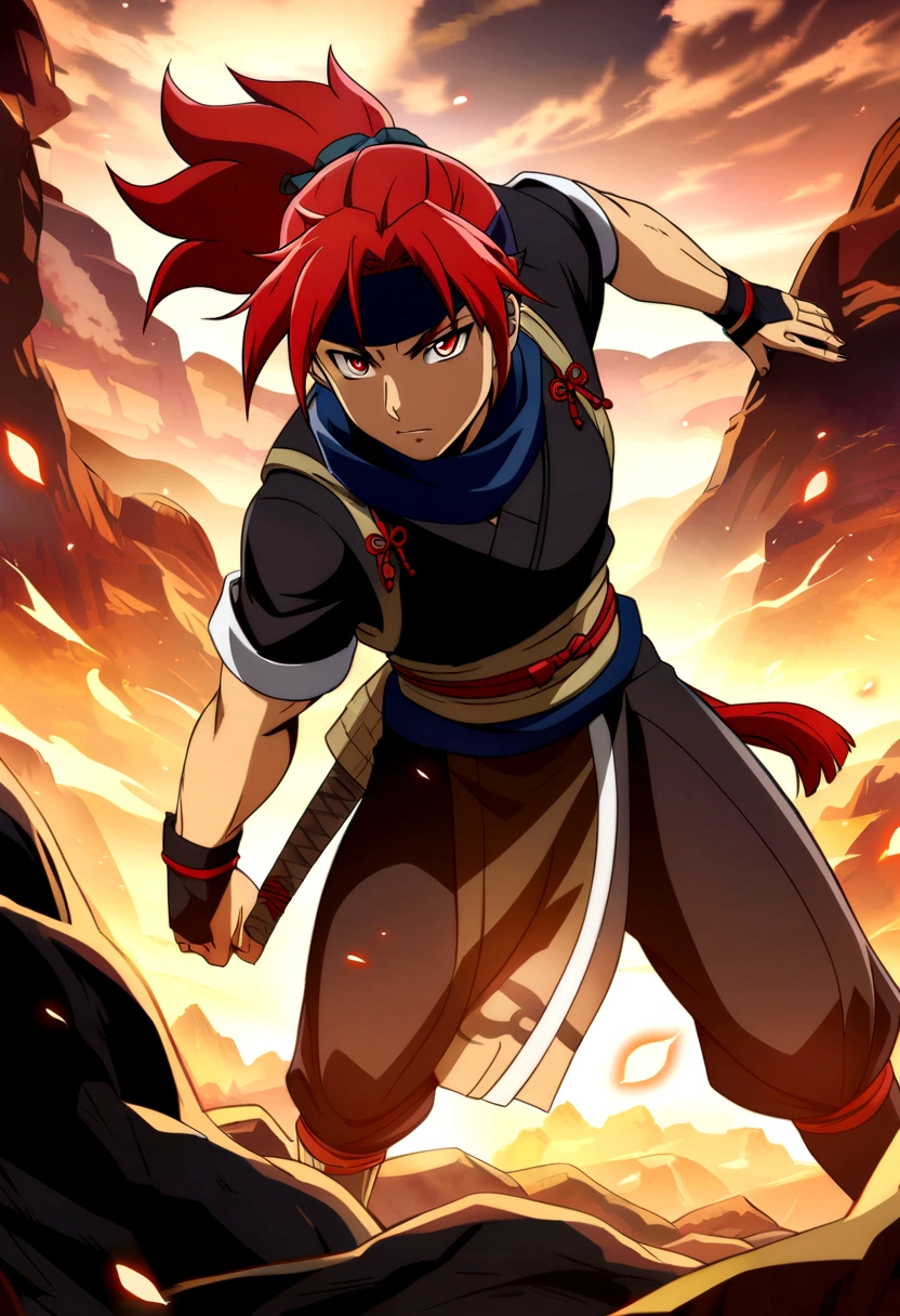 man, red hair , red eyes , ninja outfit, anime design style, clear face