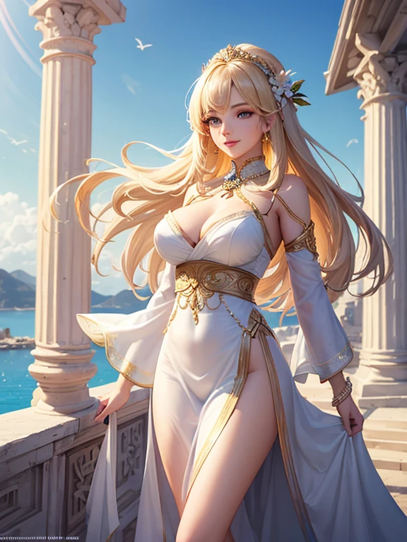 (Highest quality,Super detailed,High resolution,masterpiece,8K),Bright and vibrant colors,Official artwork,Greek white costume,Stylish makeup,Mid-length, shiny blonde hair fluttering in the wind,Captivating eyes,Glossy Lips,Beautiful woman with ample breasts,Beautiful neck line, Holding,Captivating smile,whole body,A solemn atmosphere,Old Temple,,Detailed CG,