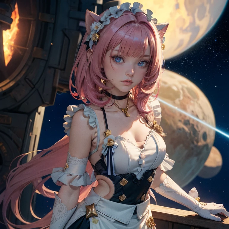 1girl, white roses, ornament hair, white roses on her hair, perfectly body, perfectly hands, pink hair, long hair, wave hair, Looking at the viewer, 1girl, white maid dress, jewelry, flowing hair, long hair, maid dress with a short skirt and layers, white laces, white boots, white dress with transparency, gold details on her clothes, more details, perfectly body, perfectly hands, two hands, two legs, two arms, five fingers, glowing hair, best quality, cat ears, animal ears, two cat tail, white gloves, alone, maid headdress, choker, detached sleeves, maid dress, maid white dress, masterpiece, best quality, detailed face, night, asymmetrical gloves, bangs, white short skirt , earrings, elbow gloves, fishnet thigh highs, fish masterpiece, solo, best quality, detailed face, gloves, hair between eyes, jewelry, looking at viewer, single earring, sky, sleeveless, solo, thigh boots, thigh highs, uneven gloves, solo, alone, Looking at the viewer, More details on the clothes, magenta roses on her hair, space scenery, maid, maid dress, magenta details, magenta roses, maid headdress, maid apron, seat on the Saturn rings, more details on her clothes, gold details on her clothes, space, smiling, standing her hand to a viewer, looking at the viewer, in the background a several asteroids glowing with fiery auras, Dramatic lighting from distant stars and planets illuminates the scene, looking at the vast and mysterious universe, cowboy shot, upper body portrait, more details, sparkle,