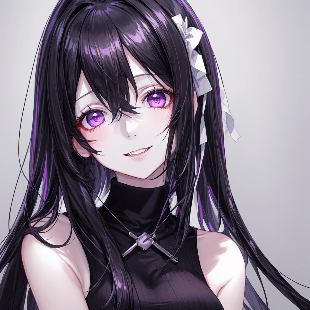 best quality, masterpiece, very aesthetic, half-length portrait, close shot, front view, facing_viewer, Front Facing,1 girl, black hair, long hair, monochromatic, pale face, crazy eyes, insane, sleeveless turtleneck, wearing coat with low hanging shoulders, purple eyes, looking_at_viewer, yandere face, gesugao, black linings, stark white background, plain background, simple_background ,edgGesugao, yandere, perfect face, pretty, smile