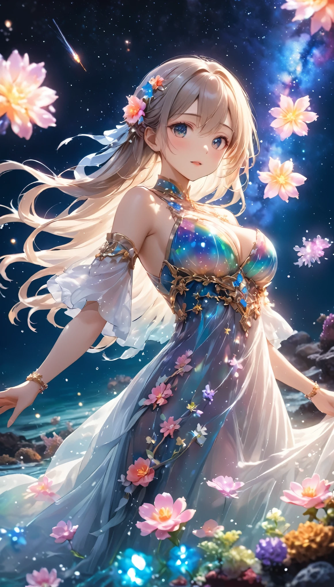 Highest quality, Highest quality, 16K, Unbelievably absurd, Very detailed, 2.5D, delicate and dynamic, under water, In the water, Swimming in the ocean, Brightly colored coral, Small faint lights and flying fireflies, night, Starry Sky, milky way, nebula, shooting star, Flowers,, Very delicate facial expressions, Delicate eye depiction, Upper body close-up, erotic, dynamic sexy poses, Only sexy women, Healthy body shape, 22-year-old woman, Aristocratic women, Height: 170cm, Large, firm, swaying bust, Colorful floral ornaments, Crystal translucent dress, Wrap your whole body in a semi-transparent cloth, A long dress with a complex structure, Colorful long dress, In the waterに浮かぶドレス