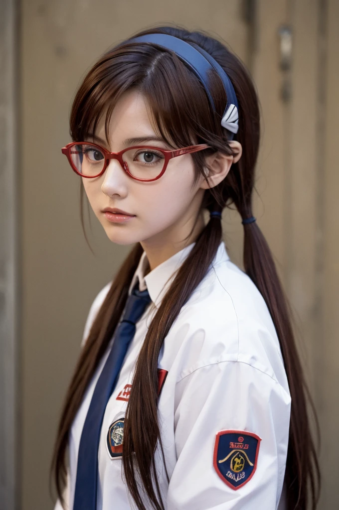 Mari Illustrious , Neon Genesis EVANGELION , Small red rectangular glasses , Brown Hair , Tie your hair on both sides , Mari Makinami, Brown Hair, Glasses, Headband Blue, Twin tails,high school girl、uniform