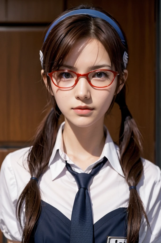 Mari Illustrious , Neon Genesis EVANGELION , Small red rectangular glasses , Brown Hair , Tie your hair on both sides , Mari Makinami, Brown Hair, Glasses, Headband Blue, Twin tails,high school girl、uniform