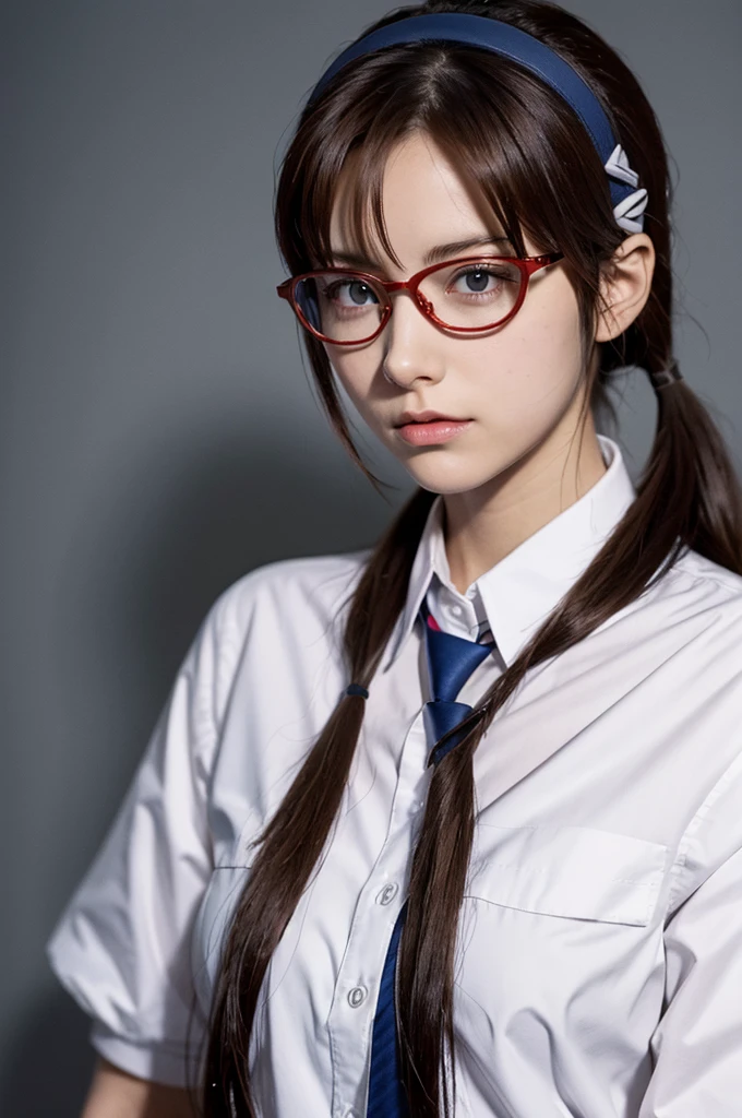 Mari Illustrious , Neon Genesis EVANGELION , Small red rectangular glasses , Brown Hair , Tie your hair on both sides , Mari Makinami, Brown Hair, Glasses, Headband Blue, Twin tails,high school girl、uniform