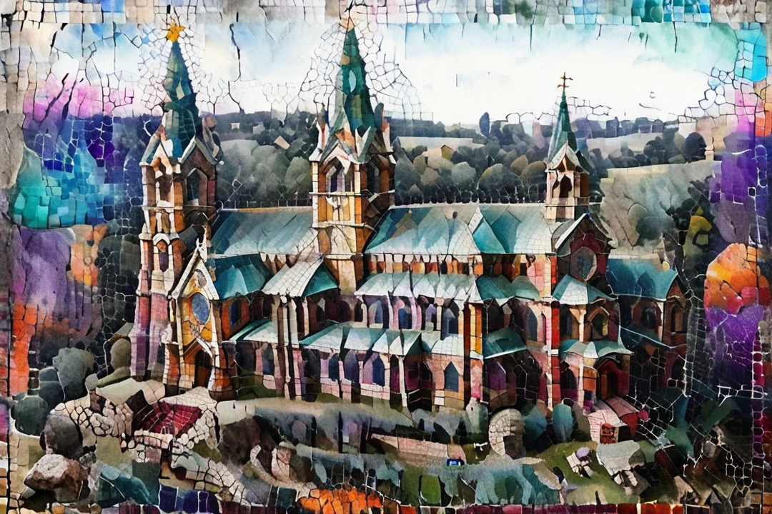 transform this image of the cathedral into a work of psychedelic art, using vibrant colors and some geometric shapes for the background