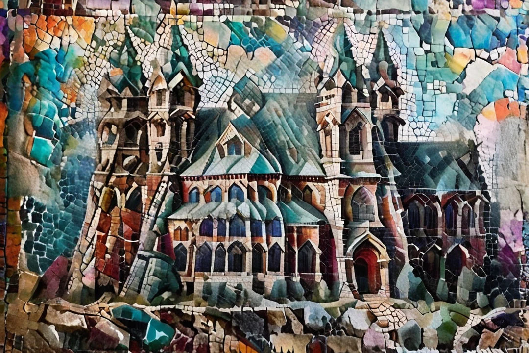 transform this image of the cathedral into a work of psychedelic art, using vibrant colors and some geometric shapes for the background