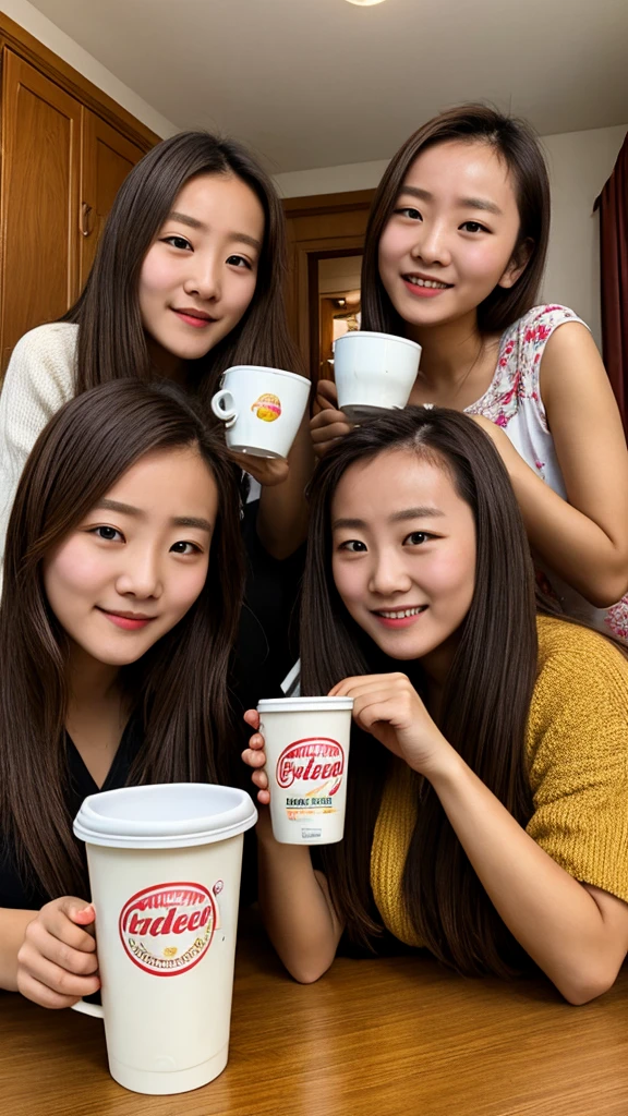 ((Top Quality, 8K, Masterpiece: 1.3)), Beauty, 1 Girl,Four college classmates toasted with Nescafe paper cups in the dormitory。Be careful not to make the picture too clear，Be realistic。