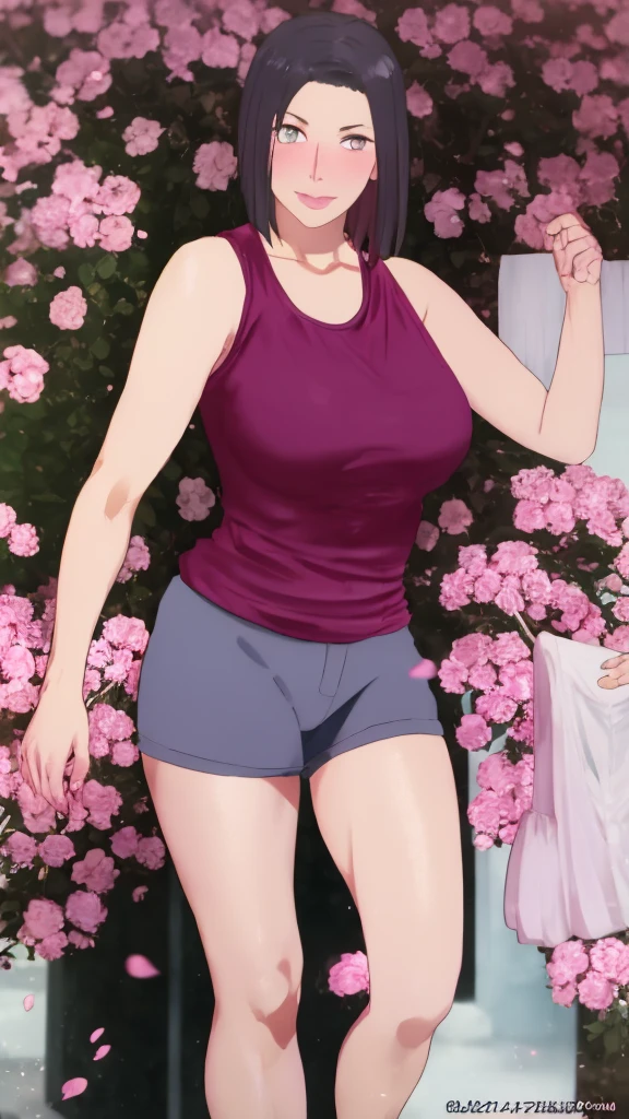 Masterpiece, Hinata\(Boruto\), 1 girl, alone,mature woman, milf, short hair, (wearing mini tanktop & mini hotpants:1.25), outdoor, look at viewer, (petals falling), The sky is cloudy, laundry-ing, perfect composition, details lips, big breast, Beautiful face, body proportions, Blush, (pink lips), long hair, purple eyes, soft stare, sad smile, Very realistic, details, photography, accurate faces and bodies, stay-at-home wife, lonely wife x burly black granpa,