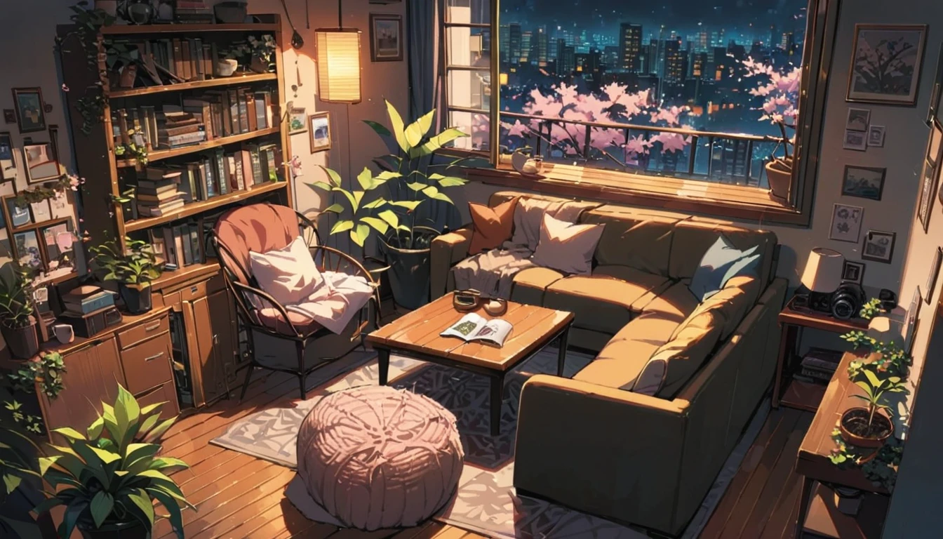 ((anime:1.4,illustration)),(masterpiece, top quality, best quality),(ultra-detailed, absolutely resolution),((16k, high res)), (((balcony, cherry blossoms, night sky, night view, potted plant, book, coffee table, sofa)) ((cozy lofi illustration:1.4)), ((anime:1.4, illustration)),(masterpiece, top quality, best quality),(ultra-detailed, absolutely resolution),((16k, high res)) BREAK {lofi art, style of Laurie Greasley, style of Makoto Shinkai, anime aesthetic}, BREAK { (produces images with information than 40 million pixels with cinematic-like detailed textures shot on a Sony SLR).}