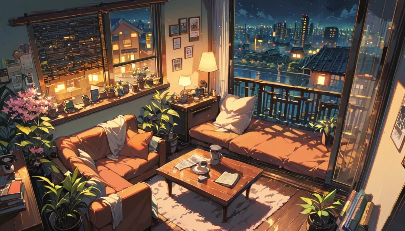 ((anime:1.4,illustration)),(masterpiece, top quality, best quality),(ultra-detailed, absolutely resolution),((16k, high res)), (((balcony, cherry blossoms, night sky, night view, potted plant, book, coffee table, sofa)) ((cozy lofi illustration:1.4)), ((anime:1.4, illustration)),(masterpiece, top quality, best quality),(ultra-detailed, absolutely resolution),((16k, high res)) BREAK {lofi art, style of Laurie Greasley, style of Makoto Shinkai, anime aesthetic}, BREAK { (produces images with information than 40 million pixels with cinematic-like detailed textures shot on a Sony SLR).}