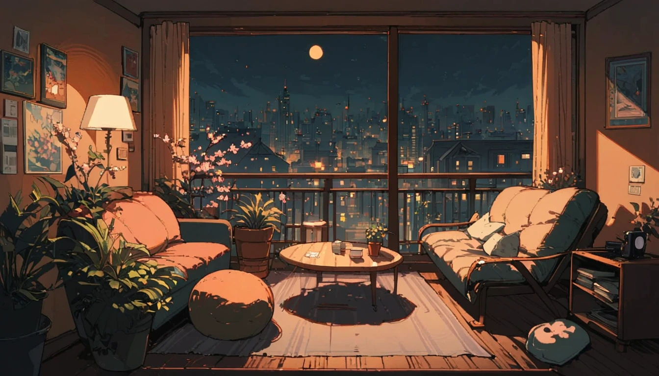 ((anime:1.4,illustration)),(masterpiece, top quality, best quality),(ultra-detailed, absolutely resolution),((16k, high res)), (((balcony, cherry blossoms, night sky, night view, potted plant, book, coffee table, sofa)) ((cozy lofi illustration:1.4)), ((anime:1.4, illustration)),(masterpiece, top quality, best quality),(ultra-detailed, absolutely resolution),((16k, high res)) BREAK {lofi art, style of Laurie Greasley, style of Makoto Shinkai, anime aesthetic}, BREAK { (produces images with information than 40 million pixels with cinematic-like detailed textures shot on a Sony SLR).}