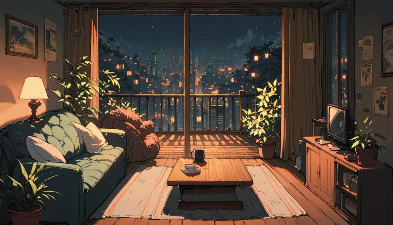 ((anime:1.4,illustration)),(masterpiece, top quality, best quality),(ultra-detailed, absolutely resolution),((16k, high res)), (((balcony, cherry blossoms, night sky, night view, potted plant, book, coffee table, sofa)) ((cozy lofi illustration:1.4)), ((anime:1.4, illustration)),(masterpiece, top quality, best quality),(ultra-detailed, absolutely resolution),((16k, high res)) BREAK {lofi art, style of Laurie Greasley, style of Makoto Shinkai, anime aesthetic}, BREAK { (produces images with information than 40 million pixels with cinematic-like detailed textures shot on a Sony SLR).}