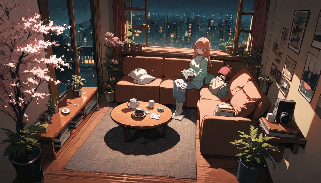 ((anime:1.4,illustration)),(masterpiece, top quality, best quality),(ultra-detailed, absolutely resolution),((16k, high res)), (((balcony, cherry blossoms, night sky, night view, potted plant, book, coffee table, sofa)) ((cozy lofi illustration:1.4)), ((anime:1.4, illustration)),(masterpiece, top quality, best quality),(ultra-detailed, absolutely resolution),((16k, high res)) BREAK {lofi art, style of Laurie Greasley, style of Makoto Shinkai, anime aesthetic}, BREAK { (produces images with information than 40 million pixels with cinematic-like detailed textures shot on a Sony SLR).}