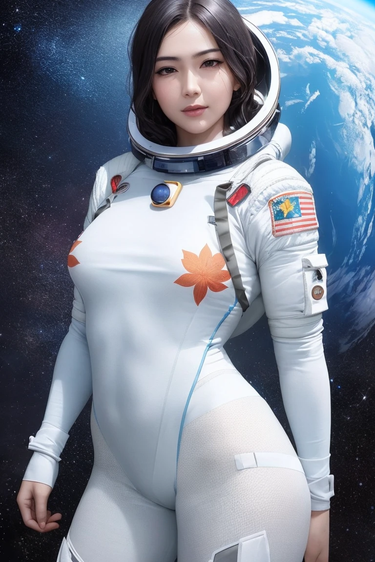 Highest quality, masterpiece, Ultra-high resolution, (Realistic: 1.4), Ultra sexy Xiuxian, smile, shy, belly button, Delicate makeup, Gorgeous Jewelry, Spacesuit, Detailed aspect, 1 Girl, White clothes, Lotus print, Maple Leaf Print, alone, (magic circle: 1.2), Xiuxian, whole body, beautiful girl, Half Body, Inside the rocket Sheath, construction, Large DD cup breasts, (Spacesuit:1.5)