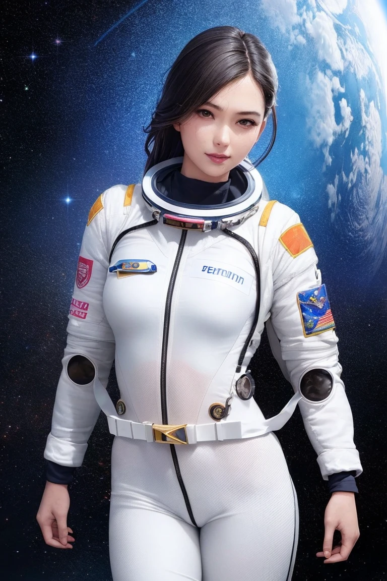 Highest quality, masterpiece, Ultra-high resolution, (Realistic: 1.4), Ultra sexy Xiuxian, smile, shy, belly button, Delicate makeup, Gorgeous Jewelry, Spacesuit, Detailed aspect, 1 Girl, White clothes, Lotus print, Maple Leaf Print, alone, (magic circle: 1.2), Xiuxian, whole body, beautiful girl, Half Body, Inside the rocket Sheath, construction, Large DD cup breasts, (Spacesuit:1.5)
