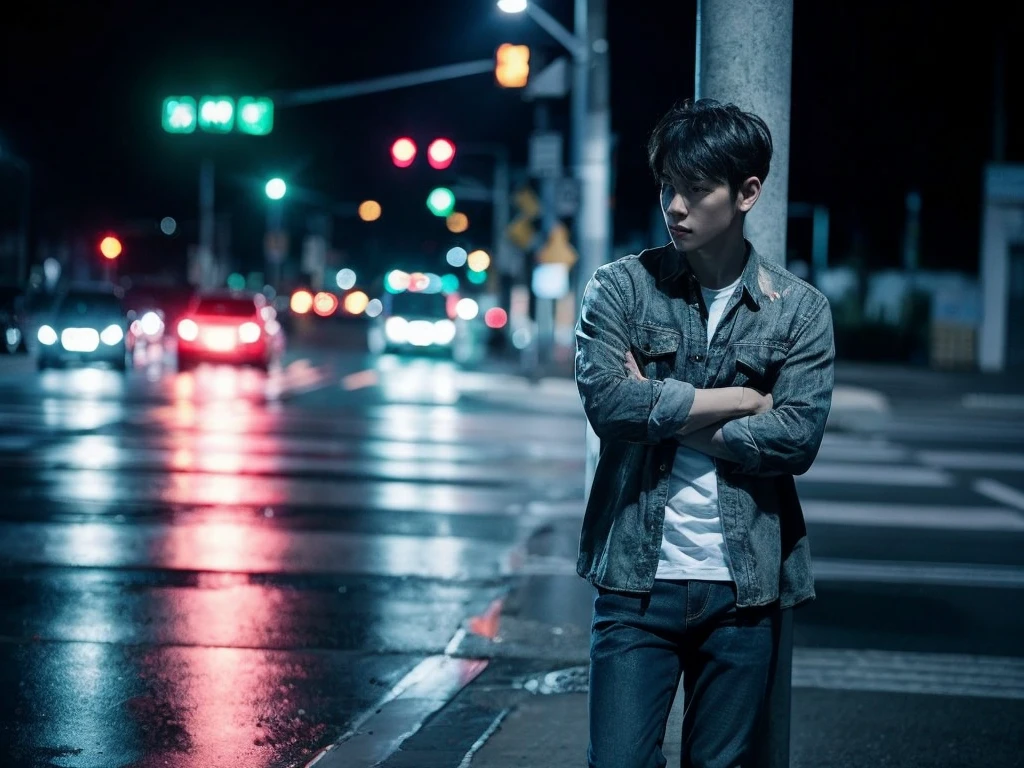 1 men, full body, flanel, traffic signlights