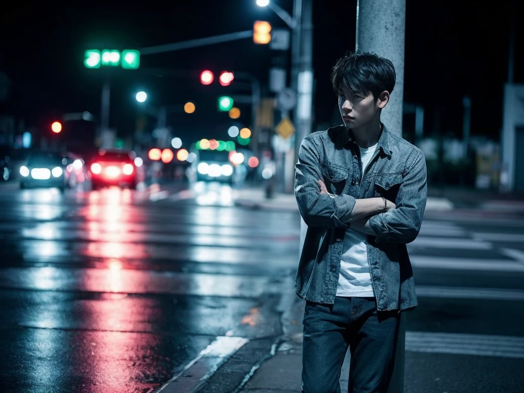 1 men, full body, flanel, traffic signlights