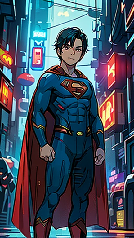 best quality,masterpiece,1boy,solo,(((13years old))),japanese boy,an extremely cute and handsome boy,highly detailed beautiful face and eyes,petit,cute face,lovely face,baby face,shy smile,show teeth, Black hair,Short hair,flat chest,skinny,slender,(((wearing a Superman costume,red cape))),(((standing in Dark Midnight Neon Glow light Cyberpunk metropolis city))),he is looking at the viewer,