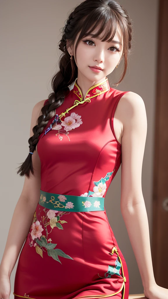 Realistic, masterpiece, Highest quality, Highest Resolution, One Japanese woman, Smile, Fine and beautiful eyes, iris, Sparkling eyes, Thin eyebrows, Gives lashes a delicate finish, False eyelashes, Chinese traditional makeup, (Braided hair, Blunt bangs, Brown Hair:1.2), Detailed face, Sharp Eyes, Chin up, Open your mouth, Cheeks pink, (Classic and sexy crimson cheongsam, No sleeve, Detailed decoration:1.3), (Tight-fitting clothing:1.3), Upper body photo, Leaning forward, Blank background in warm colors