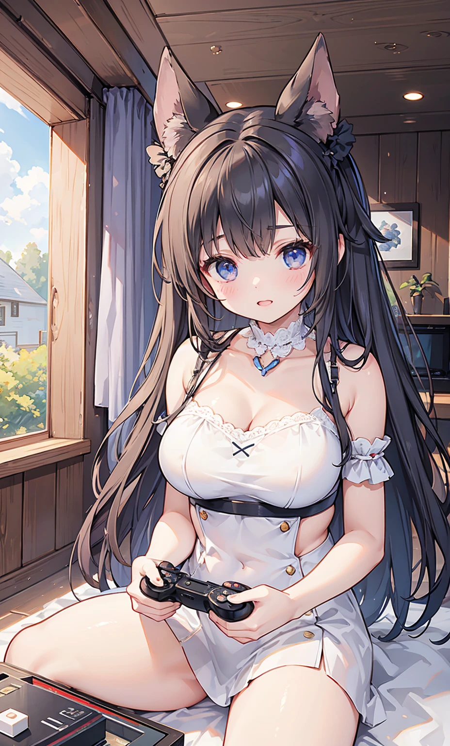 Photorealistic、Highest quality、Highest Resolution、Highest quality、8K、1人のBeautiful woman、Beautiful woman、Beautiful woman、Big Breasts、Inside the house、Play games、Holding a game controller、