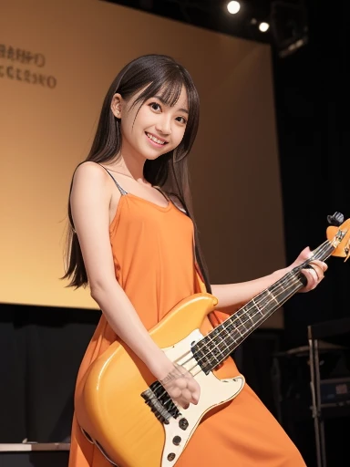 Japanese female, a lot of details, (underweight), 30 years old, detailed black hair, beautiful detailed hair, super fucking beautiful, delicate beautiful face, complex details beautiful and delicate eyes, perfect hands, (flat chest best quality:1.5), perfect and delicate limbs, detailed skin, best quality, ultra-detailed,(cheerful grin:1.5),
architectural photograph, concert hall, multiple girls, standing, dancing, (very long dress cover feet:1.2), orange Clothes, (with a electric bass), (with a electric guitar), (Women playing electric bass and electric guitar:1.3),at concert, full body shot, front view, low angle shot, gigantic scale, stage lights, spot lighting