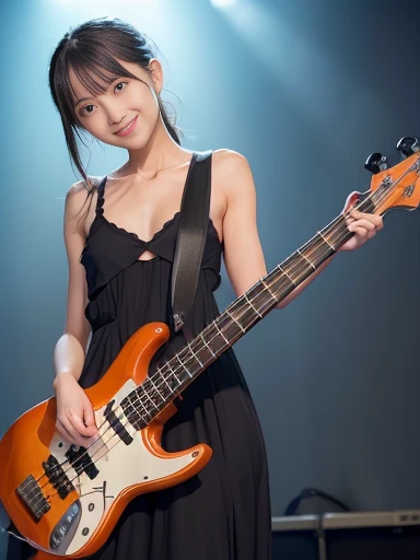 Japanese female, a lot of details, (underweight), 30 years old, detailed black hair, beautiful detailed hair, super fucking beautiful, delicate beautiful face, complex details beautiful and delicate eyes, perfect hands, (flat chest best quality:1.5), perfect and delicate limbs, detailed skin, best quality, ultra-detailed,(cheerful grin:1.5),
architectural photograph, concert hall, multiple girls, standing, dancing, (very long dress cover feet:1.2), orange Clothes, (with a electric bass), (with a electric guitar), (Women playing electric bass and electric guitar:1.3),at concert, full body shot, front view, low angle shot, gigantic scale, stage lights, spot lighting
