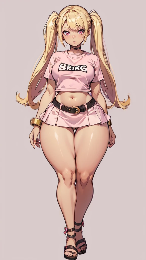 blank background, (((full body))), (masterpiece), ((best quality)), flat chest, short twintail, (wide hips:1.6), (thick thighs:1.4), (very short skirt), sandals, belt below navel, blonde, (pink tshirt), (dark skin)