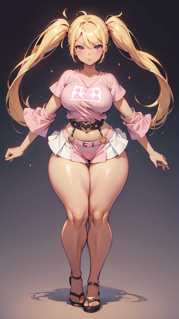 blank background, (((full body))), (masterpiece), ((best quality)), flat chest, short twintail, (wide hips:1.6), (thick thighs:1.4), (very short skirt), sandals, belt below navel, blonde, (pink tshirt), (dark skin)