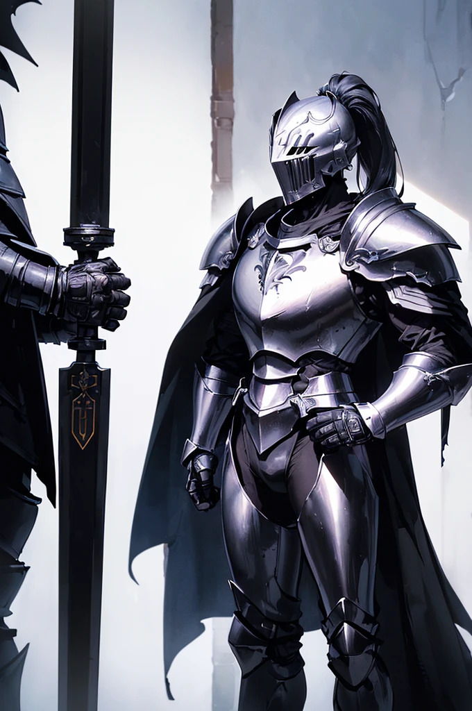 (masterpiece; best quality: 1.2), ((full armored knight man)), ((solo)), (black eyes: 1.4), (body; toned, lean, masculine: 1.3), (beautiful and clear background: 1.2), ((depth of field)), (equipment: full plate all-dark black realistic armor + closed helmet with ponytail + black cape: 1.3), (anime illustration: 1.2), (background composition; royal chambers + furniture: 1.1), (extremely fine and handsome: 1.1), (shot composition; standing + centered on torso + close-up: 1.5)