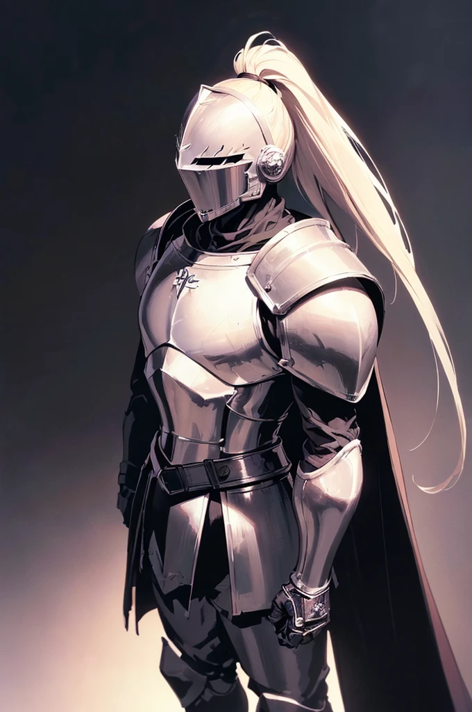(masterpiece; best quality: 1.2), ((full armored knight man)), ((solo)), (black eyes: 1.4), (body; toned, lean, masculine: 1.3), (beautiful and clear background: 1.2), ((depth of field)), (equipment: full plate all-dark black realistic armor + closed helmet with ponytail + black cape: 1.3), (anime illustration: 1.2), (background composition; royal chambers + furniture: 1.1), (extremely fine and handsome: 1.1), (shot composition; standing + centered on torso + close-up: 1.5)