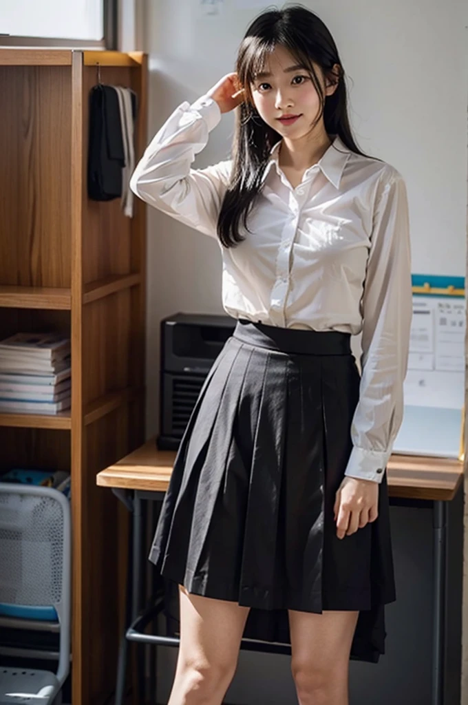Lift up your skirt、Showing panties、、Black Hair、Showing panties、Lift up your skirt、Pull up your skirt、Smirking face、School classroom