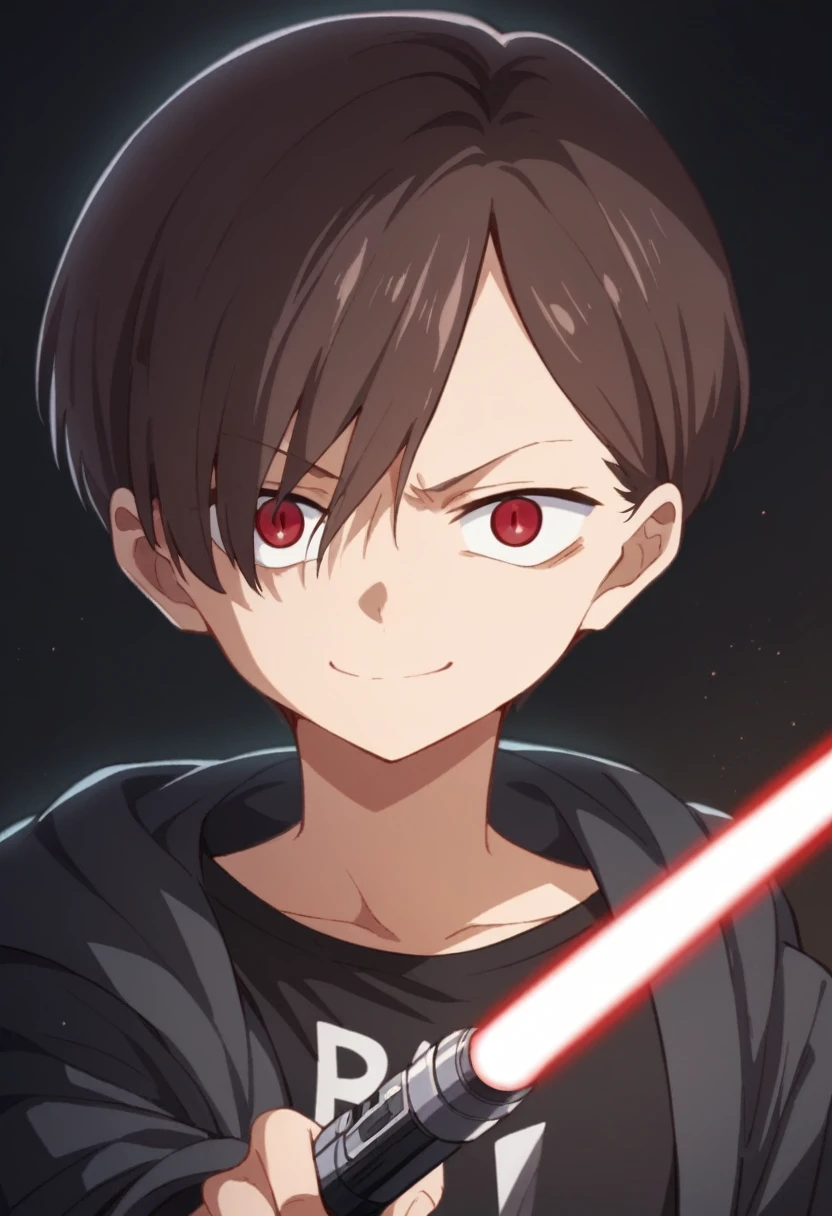 Kyotaro Ichikawa, Red eyes, evil smile, black jacket, black t-shirt with red details, gray sports pants, sneakers, lightsaber de color rojo, lightsaber (Star Wars), black background, Red light reflection, close view