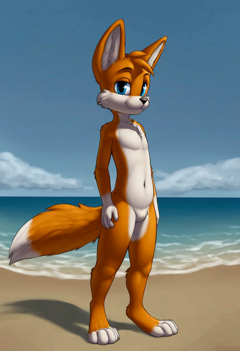 Tails Prower, furry, outside, beach, Tails Prower, Miles Prower, solo, looking at viewer, smile, 1boy, standing, full body,