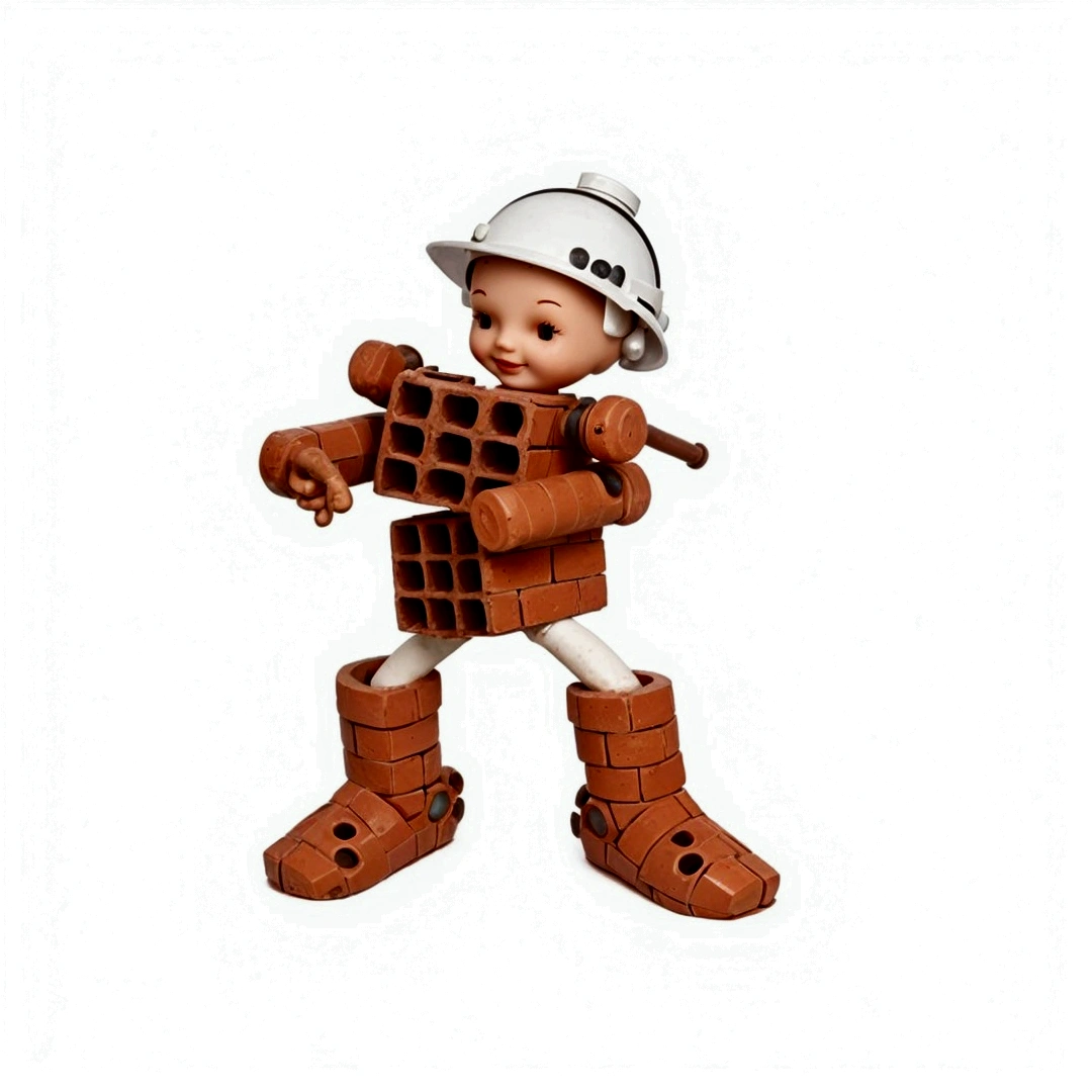 a smiling doll with a spherical head made of bricks, round ears, with a white construction helmet, the arms are made of cobblestone bricks each, shoulders made of colonial tiles, the body is made with two bricks with 9 holes in position perpendicular, the chest showing the 9 holes and the stomach brick with 9 holes on the side, legs made of 2 PVC pipes, calves made of colonial tiles, feet made of bricks with 12 holes