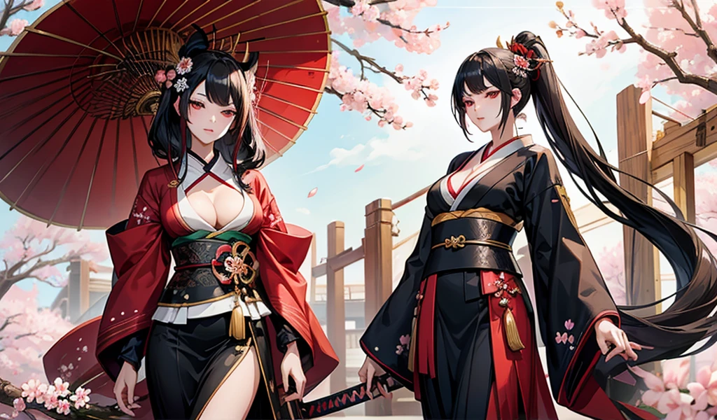 Black hair geisha hairstyle adult women,kimono,cleavage,long skirt,thigh,Samurai sword,japanese town,Cherry blossoms