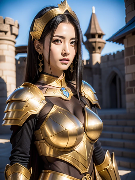 beautiful warrior woman in golden otoman armor, porfect human face detailed, Jet black hair, hoplite helmet, muscular, huge naked breasts, I look at the viewer, foreground, model photo poses, work of art, best qualityer, 8K, nblurry background, medieval fantasy castle in the background
