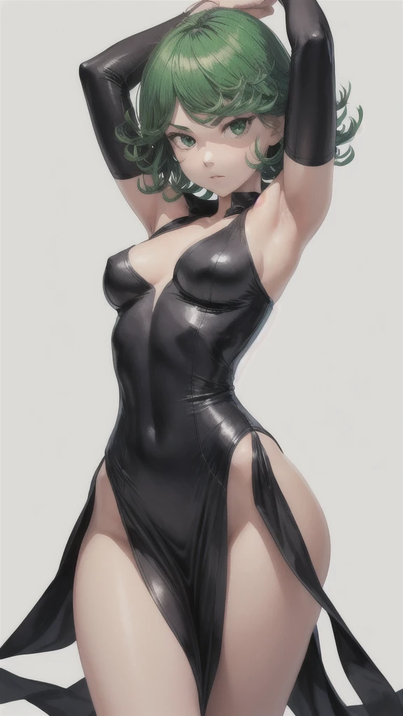 (1 girl, Alone, Masterpiece, 4k,  Best Quality:1.2, (cowboy shot), Best Quality:1.2, good hands, showy, (perfect hands, perfect anatomy)), 
Tatsumaki, black dress,  tight dress, neckline, ((small breasts, medium hips, looking at the viewer)),  pelvic curtain, latex,  short hair, green fur,  (((arms up, hands lifting your clothes, hidden hands))), 
((simple background, White background)), from avajo,